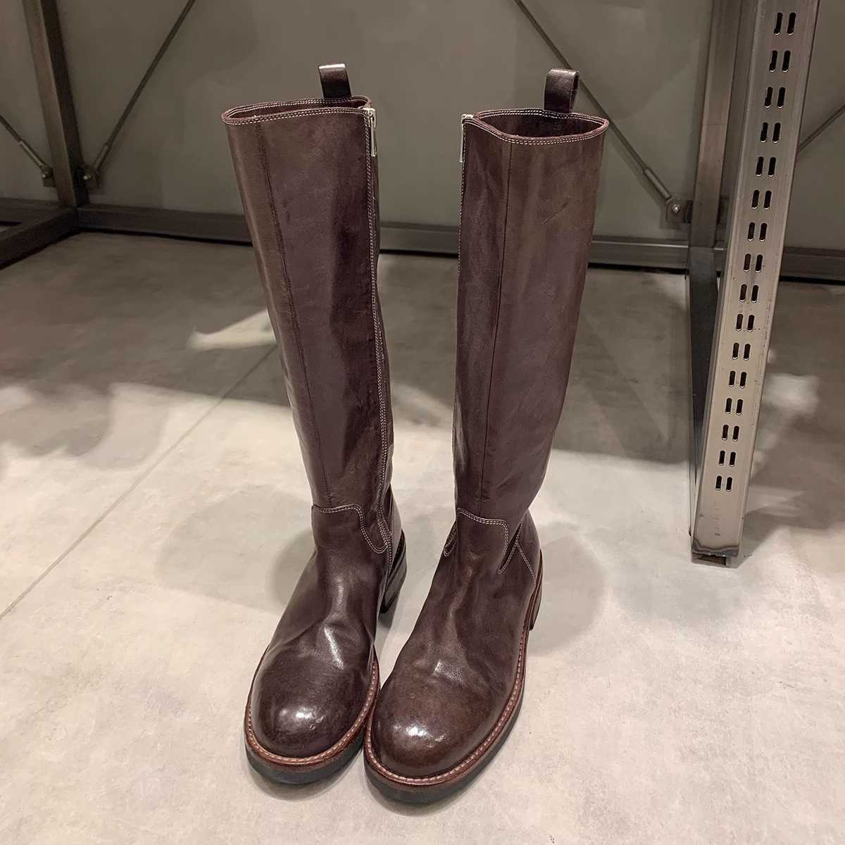 CMM Full Horse Leather Round Head Thick Heel Increased Height Mid Barrel Knight Boots Womens Autumn and Winter
