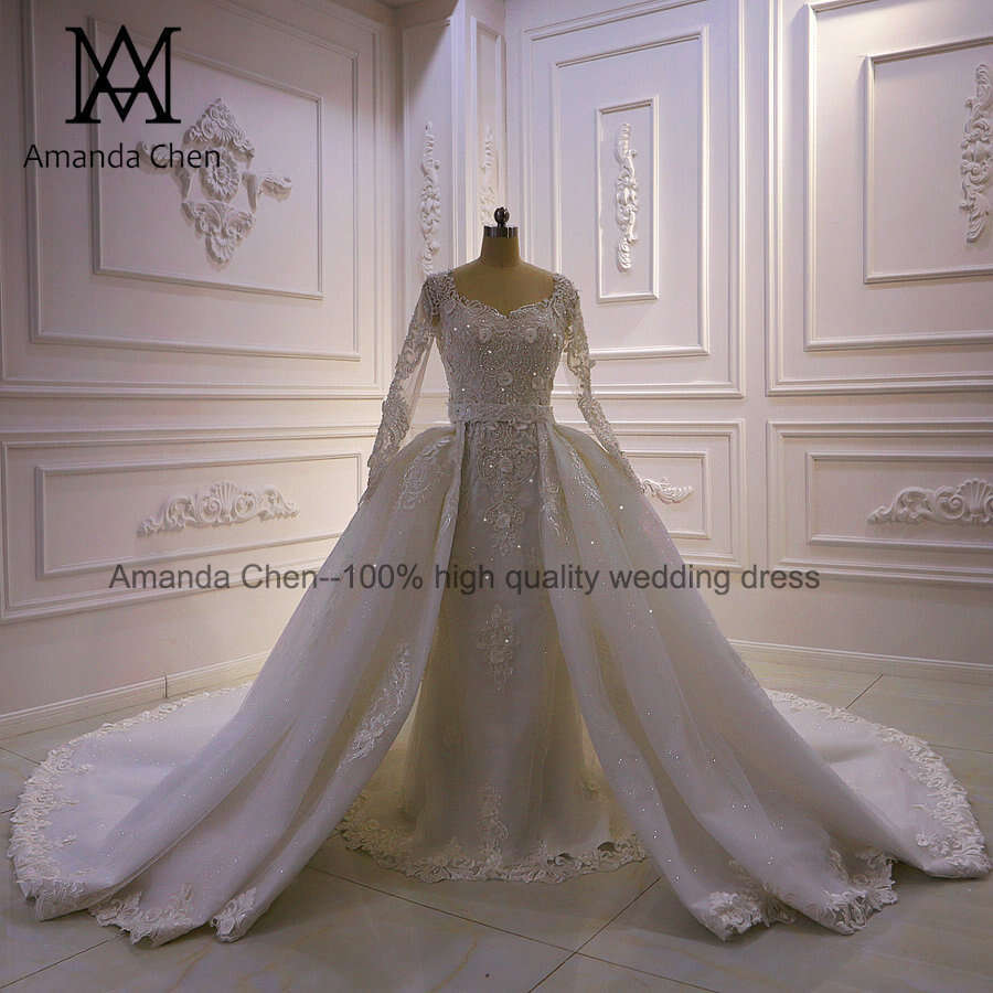 robe demoiselle d'honneur Long Sleeves Lace Applique Detachable Train Wedding Dress