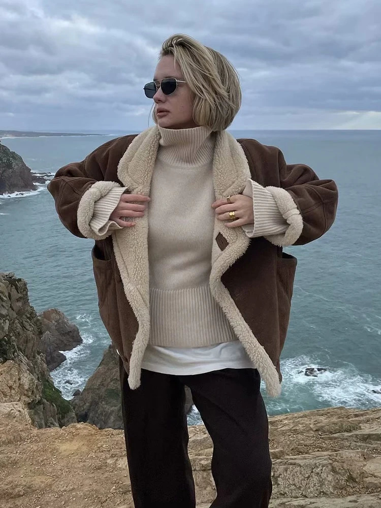 Fashion Oversize Loose Lamb Jacket For Women 2024 Winter Long Sleeve Button Fleece Coats Female Hip Hop Street Fluffy Outerwear 241106