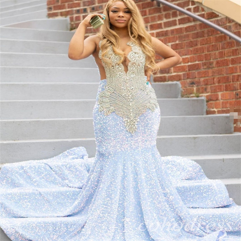 Shine Blue Sequin Prom Dresses Plus Size Luxury Rhinestone Beaded Mermaid Evening Gowns Sleeveless Black Girls African Birthday Dress Pageant Party Ve