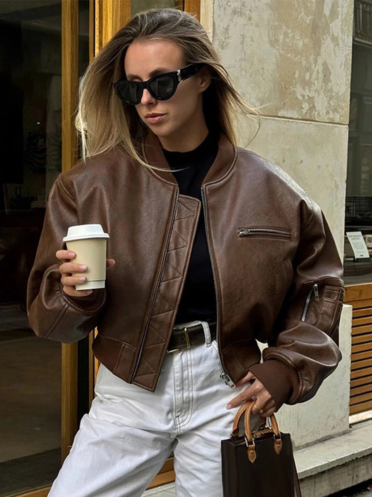 Vintage Leather Bomber Jacket Women Casual O-neck Zipper Pockets Long Sleeve Crop Jackets 2024 Autumn Lady High Street Outwears 241106