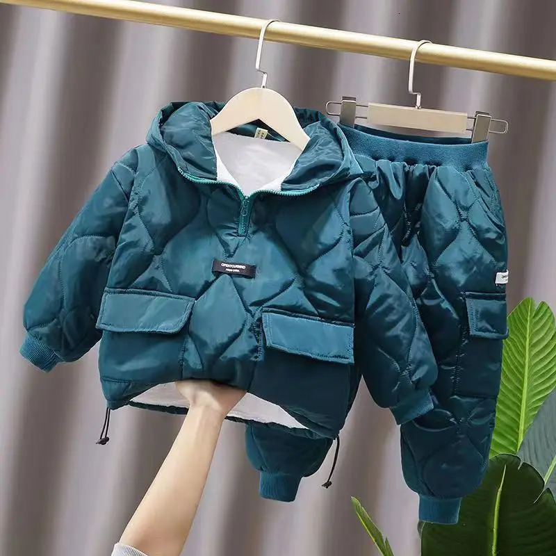 Winter Children Clothes Sets Kids Boys Girls Hooded Warm Cotton Velvet Pullover Coats OuterwearPants 2Pcs Snowsuits 1-8Y 241106