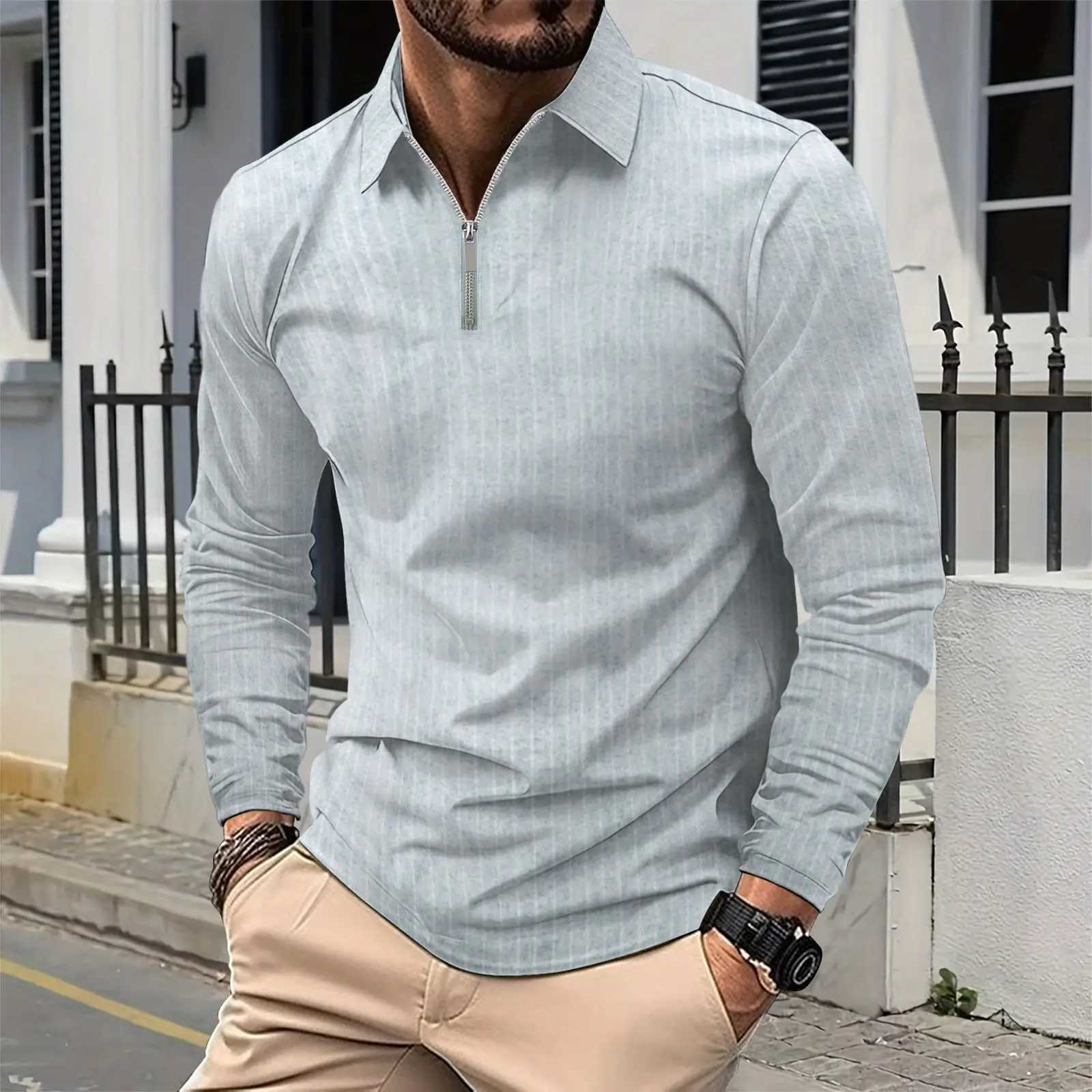 New Cross border European and American Mens Collar Zipper Fashion Slim Stripe Mens T-shirt for 2024 W241106