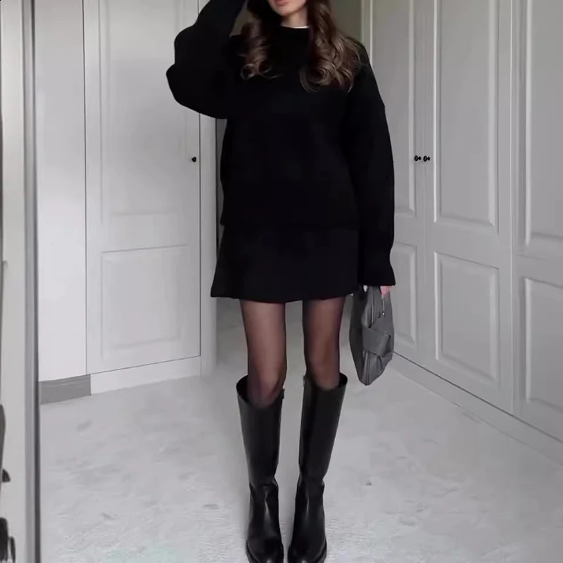 2024 Autumn Winter Knitted Womens Two Piece Sets Casual O-neck Long Sleeved Sweater Skirt Suits Vintage Commuting Slim Outfit 241105