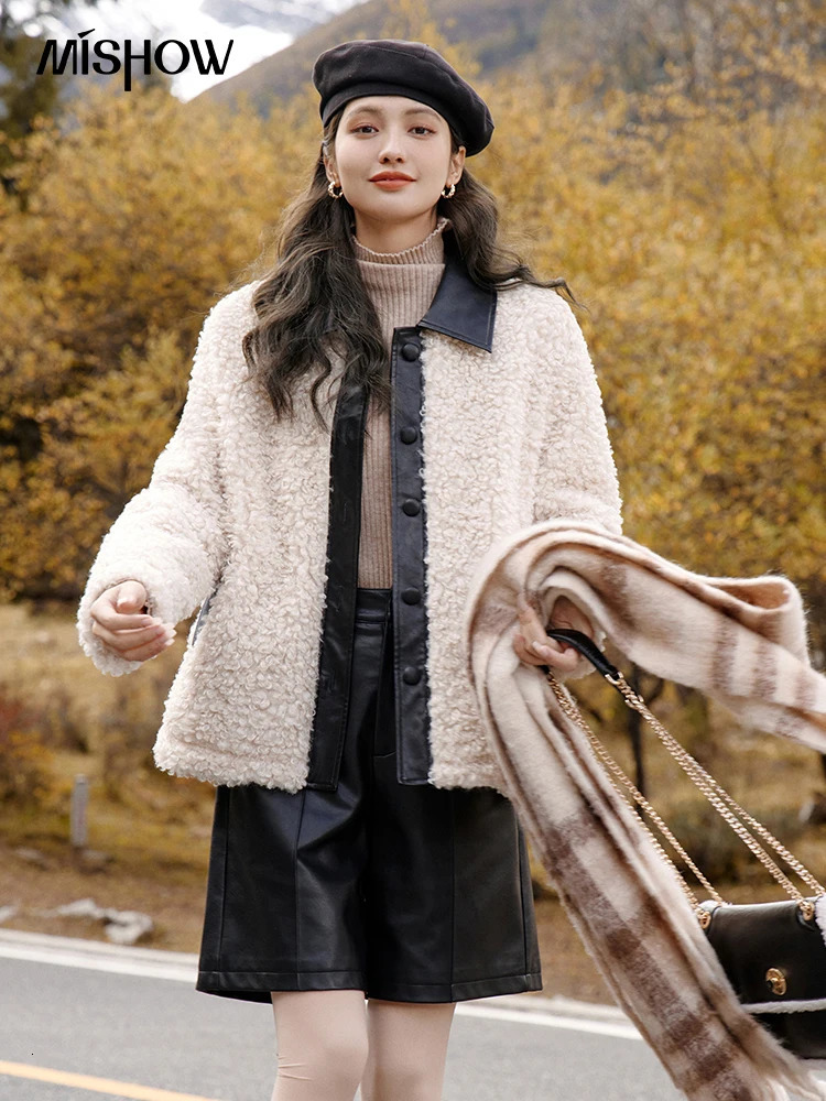 MISHOW Winter Faux Fur Crop Coat Women Splice Lapel Thick Warm Contrast Integrated Versatile Short Jackets MXC52W0151 241104