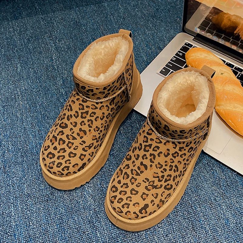 Platform Snow Ankle Boots Leopard Women Warm Cotton New Fashion Winter Casual Flats Shoes 2025 Trend Suede Plush Botas