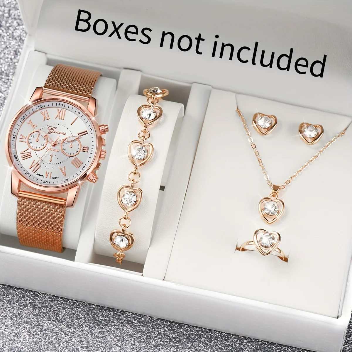 Fashionable quartz watch and rhinestone 6-piece jewelry set - perfect casual or Vntine gift for her X241106