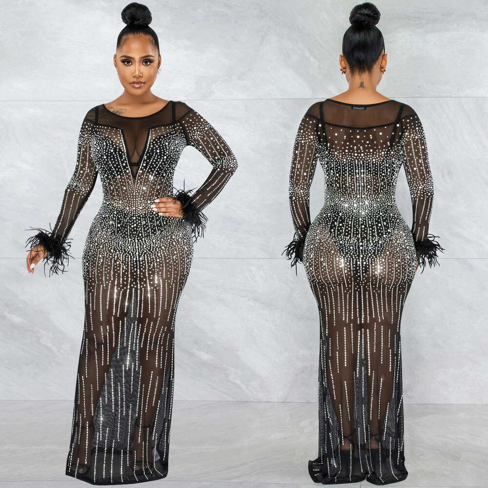 Fashion Nightclub Party Hot Diamond Women's Clothing Mesh Perspective Sleeve Long Dress Women F4685