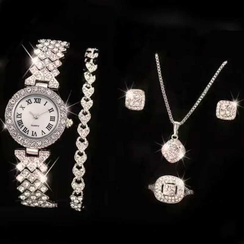 Fashionable luxury Fl crystal 5-piece watch necklace earrings ring set Rhinestone watch Fem bracelet set gift X2411061