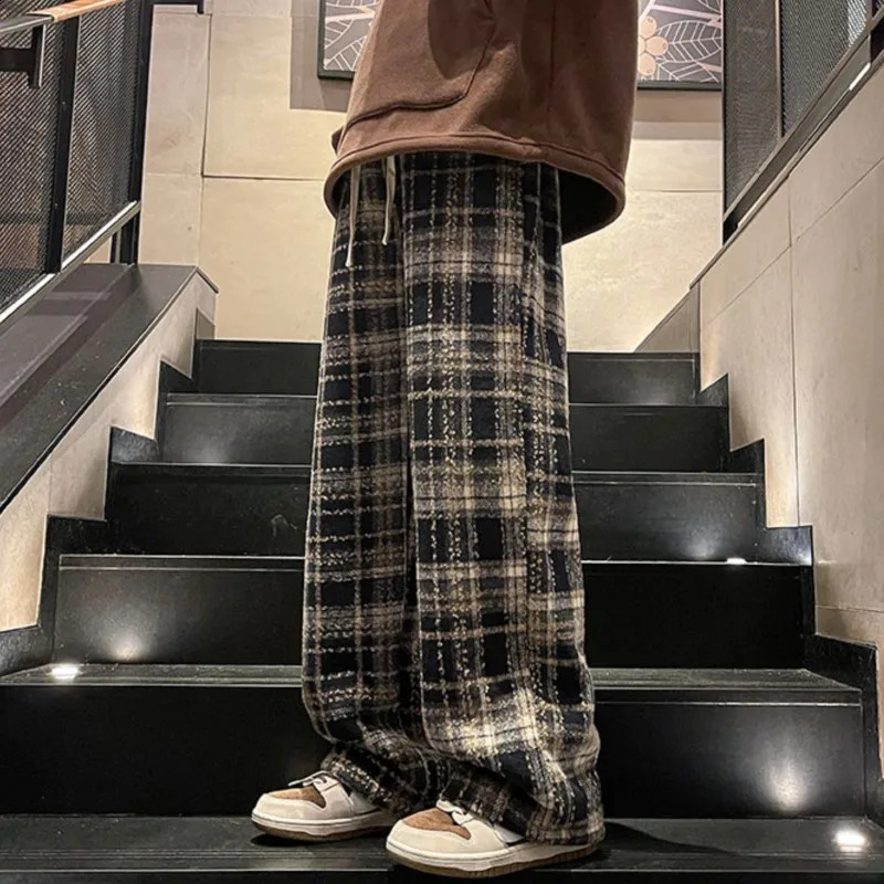 Winter Trendy Mens Fleece Plaid Casual Pants Loose Straight Leg Thick Warm Long Mopping Trousers For Men RedBlack 241104