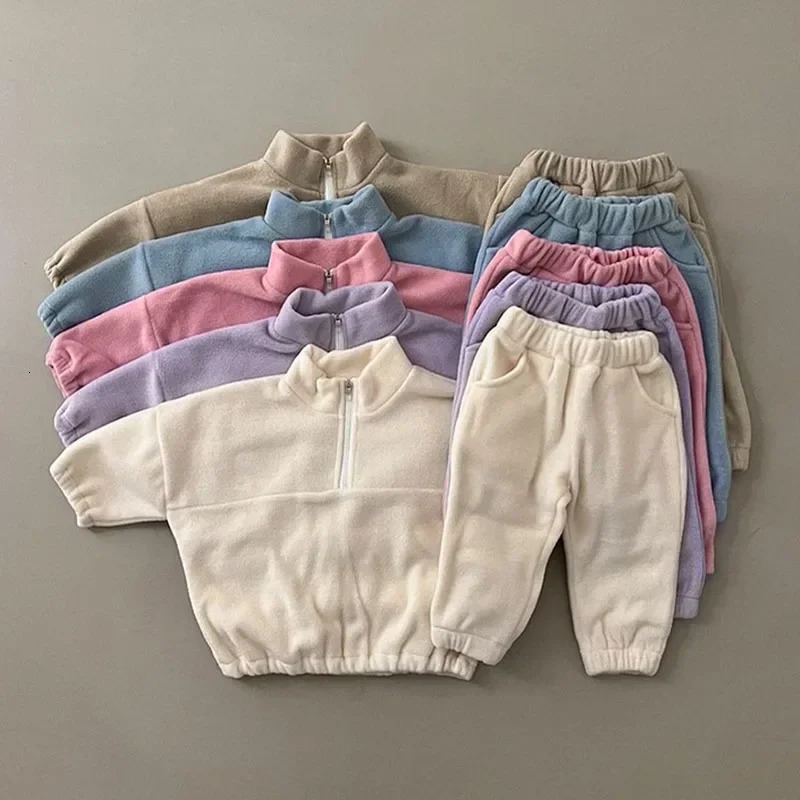 Winter Baby Clothes Sets Girls Boys CoatsPants 2Pcs Sports Suits Solid Color Thicken Fleece Warm Toddler Casual Tracksuit 241106