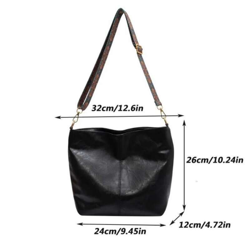 Designer Bag Vintage Solid Color Women Fashion PU Leather Shoulder Sling Bag High-Capacity Simple Wide Strap Bucket Crossbody Bag