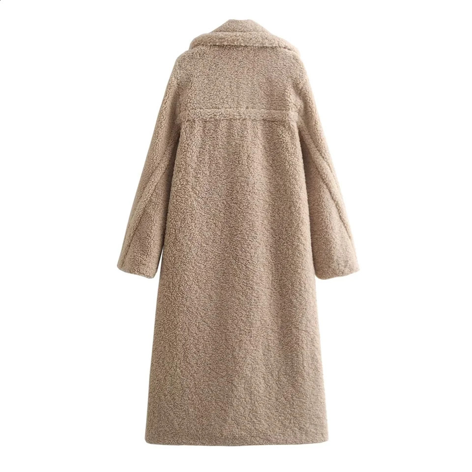 PB ZA womens autumn and winter lapel longsleeved doublebreasted lamb wool fleece long coat 241104