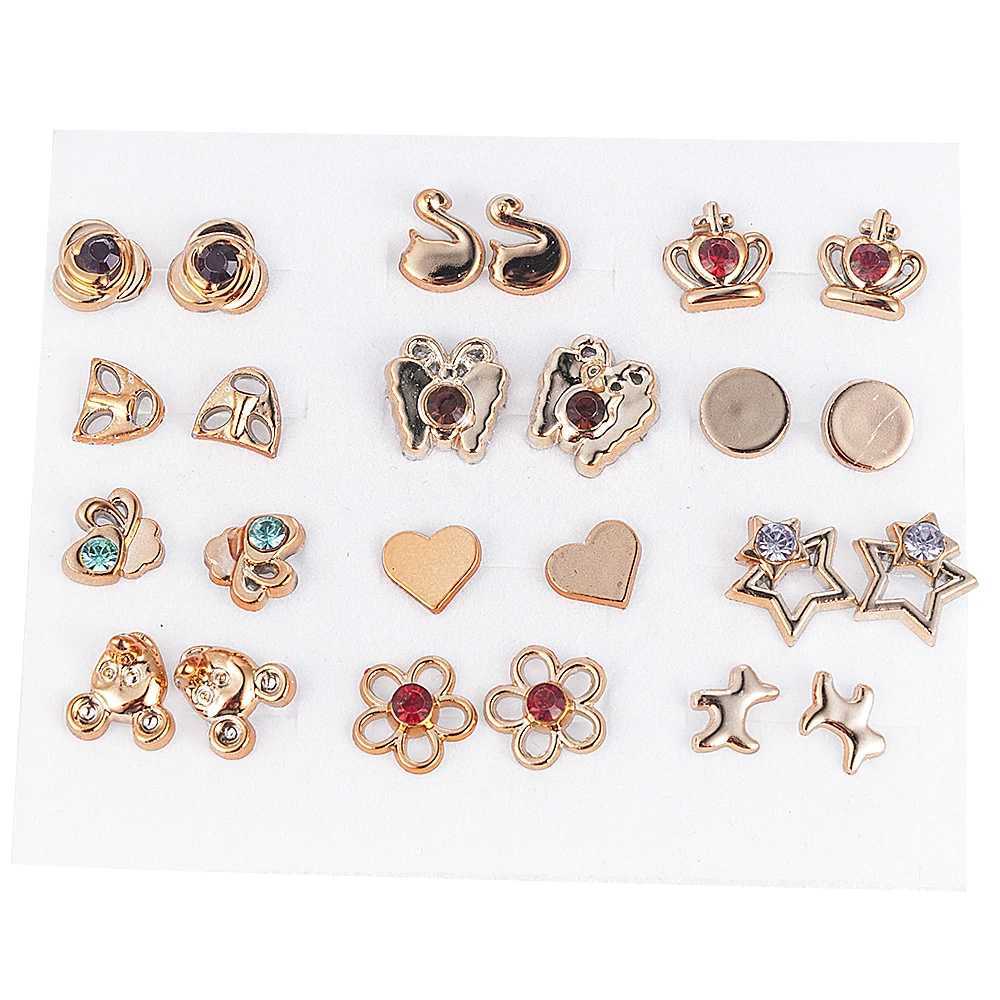 New 12-36 pairs of fashionable womens resin plastic crystal Diamante flower stud earrings set with Rand style gold jewelry X241106