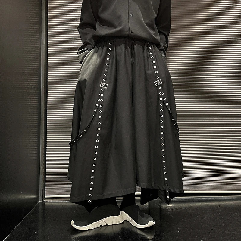 Men Ribbon Dark Black Wide Leg Pants Male Punk Gothic Harem Trousers Kimono Skirt Winter Women Irregular Big Hem Pant 241104