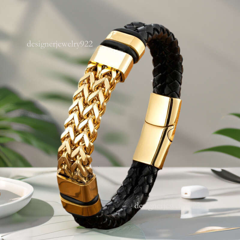 leather designer bracelet stainless steel magnet buckle double splicing front and back button chain double-layer woven jewelry