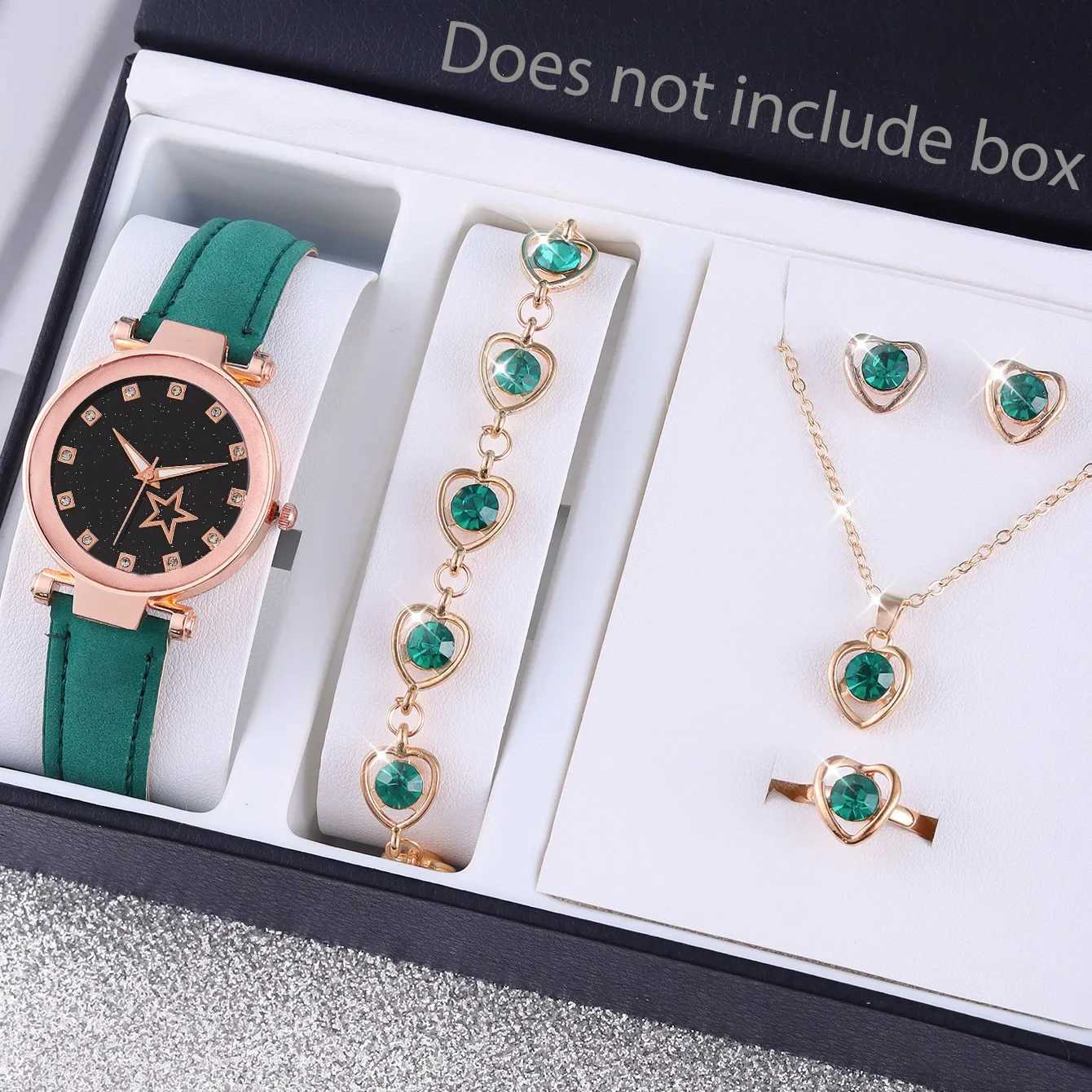 Luxury Quartz Watch Green Necklace Jewelry Set 6pcs Womens New Fashion Simple Designer Moon Star Digital Water Diamond Leather X241106