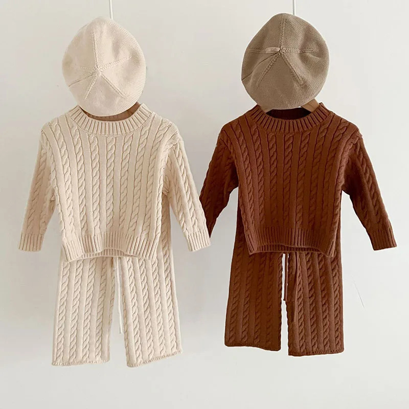 Autumn Winter born Baby Girls Clothing Suit Long Sleeved Solid Color Knitted Pullover TopPants Children Knitted Clothing Set 241106