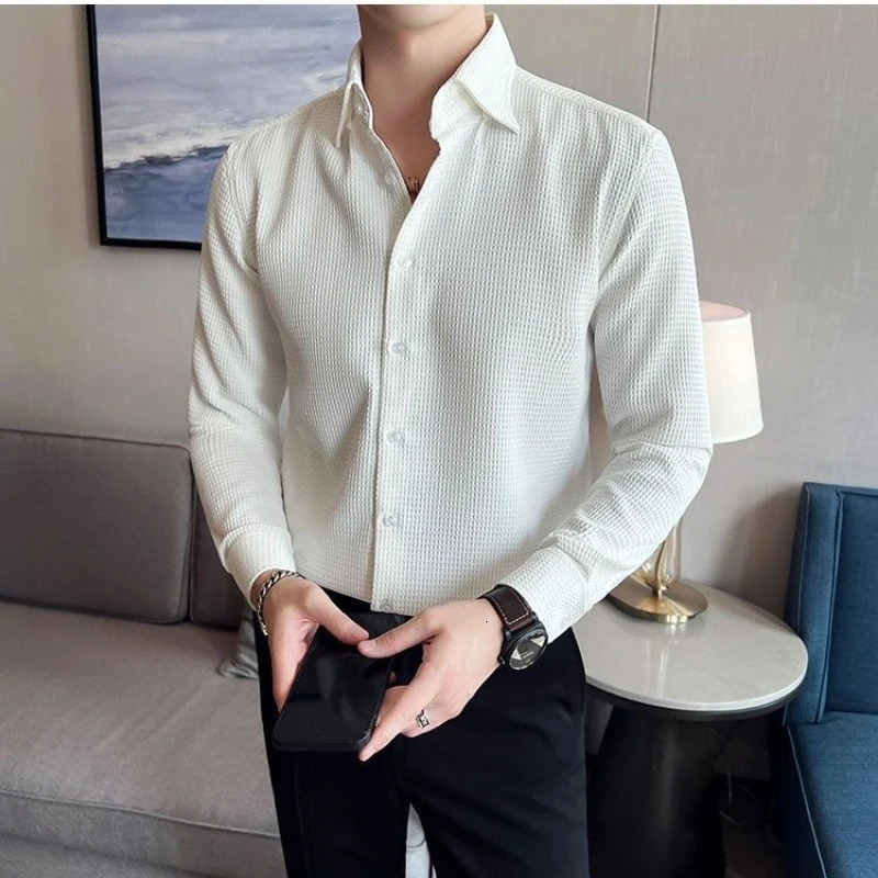 Waffle Spring Autumn Mens Shirt Casual and Slim Long Sleeve Solid Polo Neck Shirt Non Iron Wrinkle Resistant Business Tops 241106