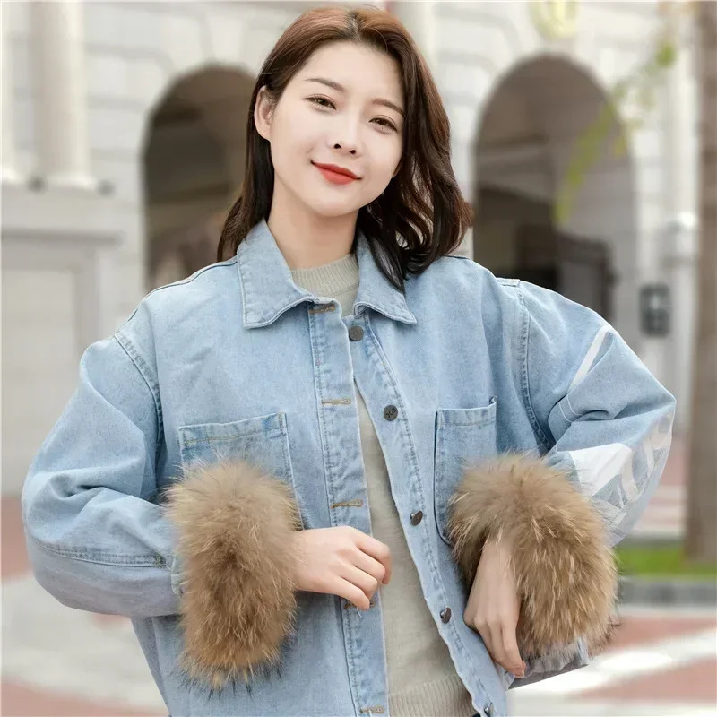 100% natural raccoon womens fur cuffs 2PCS fur wrist warm fluffy fur sleeves 241106