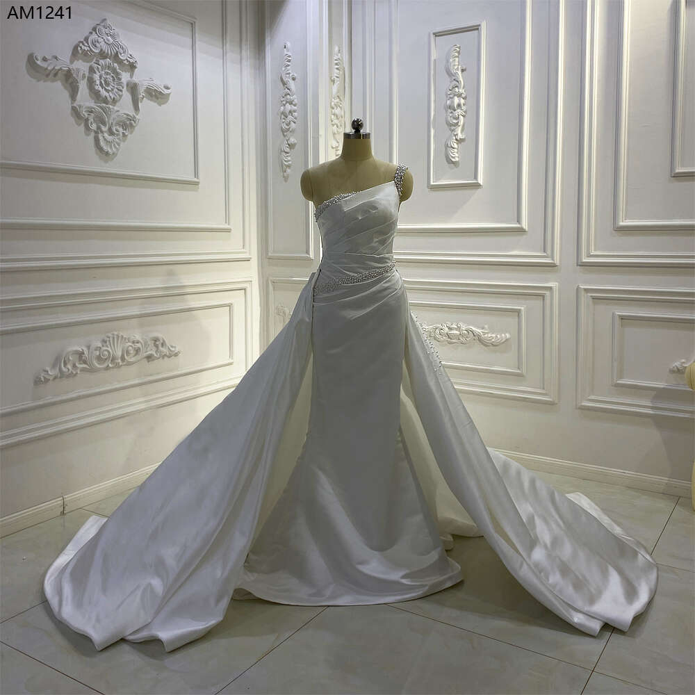 One Shoulder Detachable Train Wedding Dress