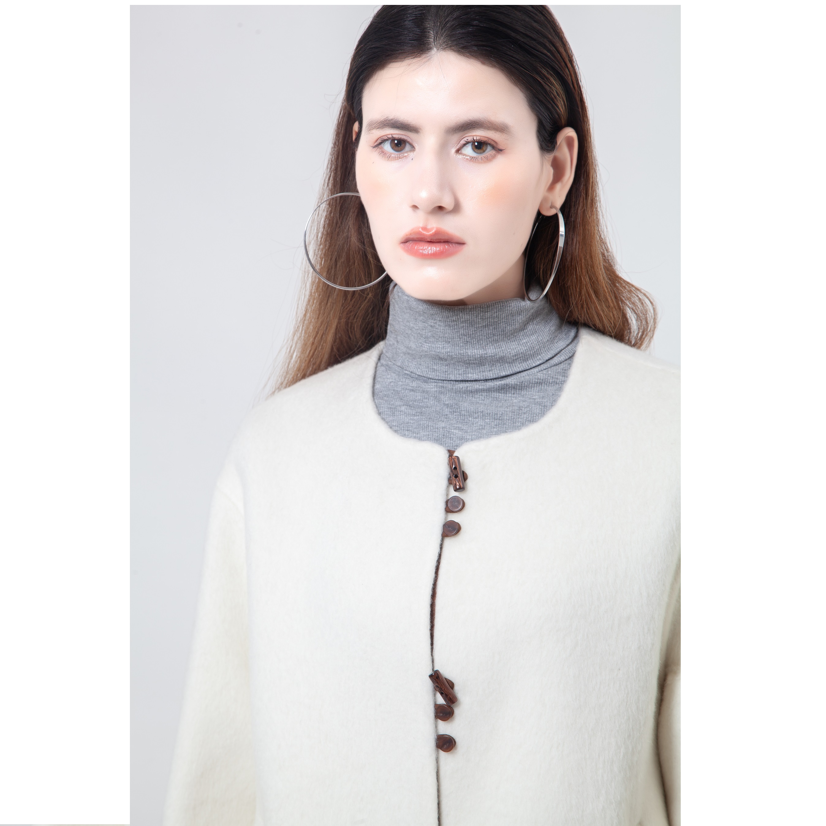 Women's Embroidered Wool Coat - Color Contrasting Collarless Overcoat with Scarf for Winter Warmth (2024 AW Collection)