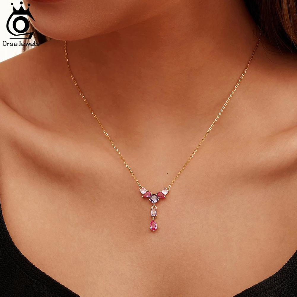 ORSA JEWELS 925 sterling silver Y-shaped 4A cubic zirconia pendant necklace womens handmade necklace party jewelry gift EQN74 241106