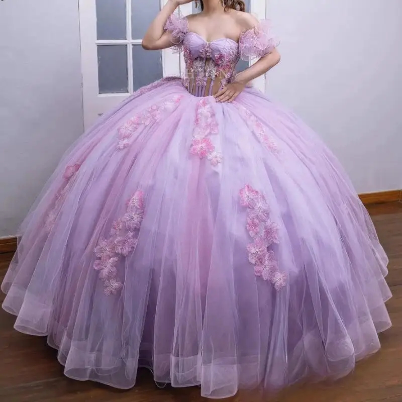 Light Lilac Ball Gown Quinceanera Dresses Illusion Off The Shoulder 3D Flowers Beading Crystal Tull Sweet 16 Dress Vestido De 15 Anos