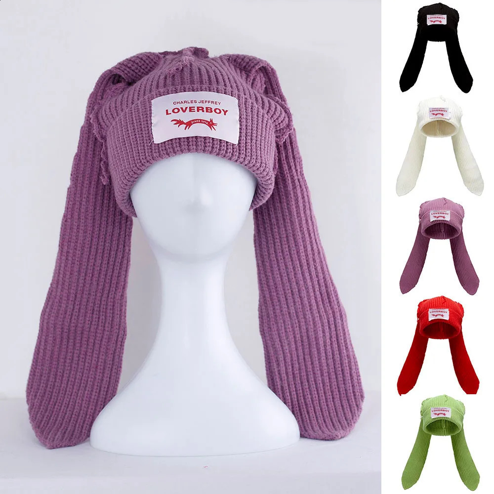 Winter Skullies Cute Women Long ears Hat Crochet Knitted Costume Beanie Hats christmas Gift Hiphop Cap 241105