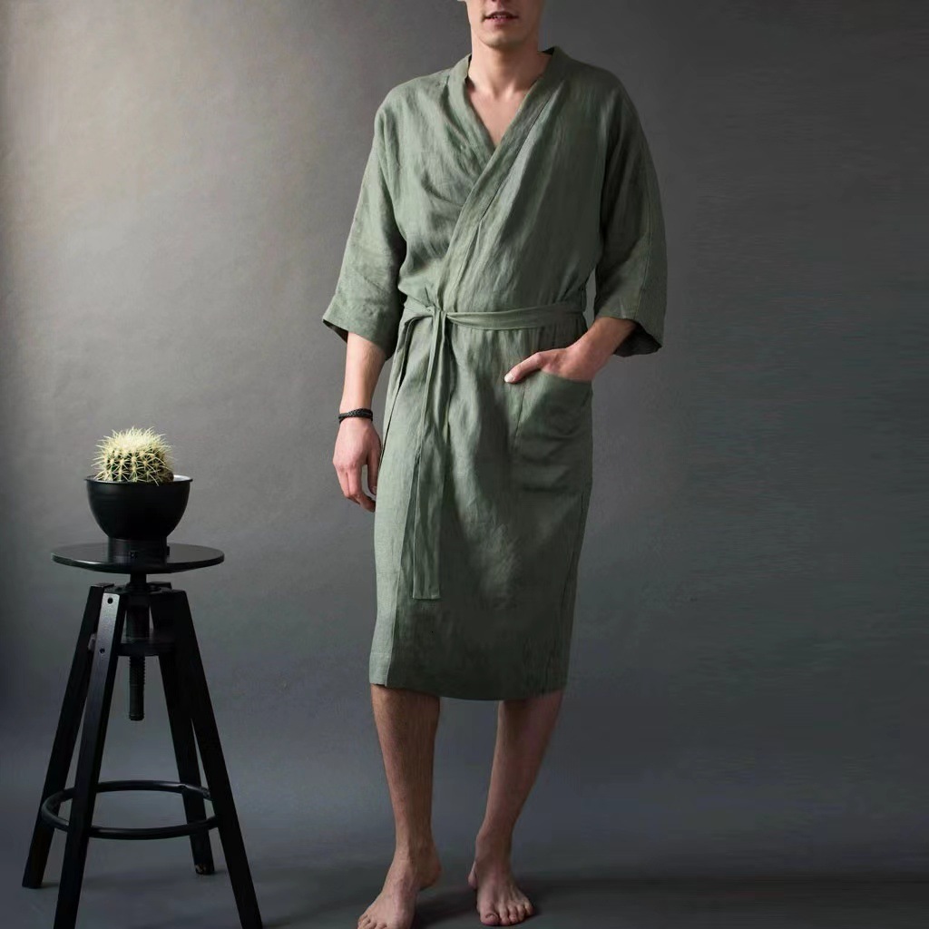 New men's long solid color linen sleepwear, nightgown, bathrobe style