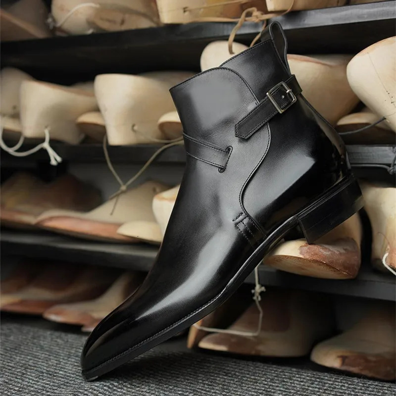 Brown Short Boots for Men Black Buckle Strap Fashion Ankle Boots Business Square Toe Men Boots 241106