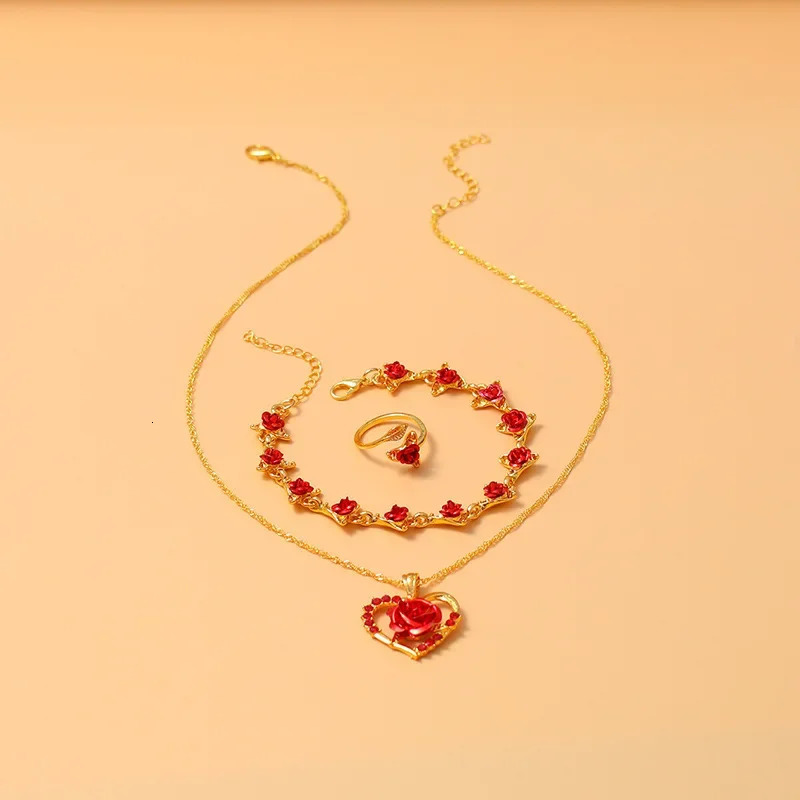 European and American Accessories Vintage Exquisite Rose Pendant Necklace Ring Set 241106