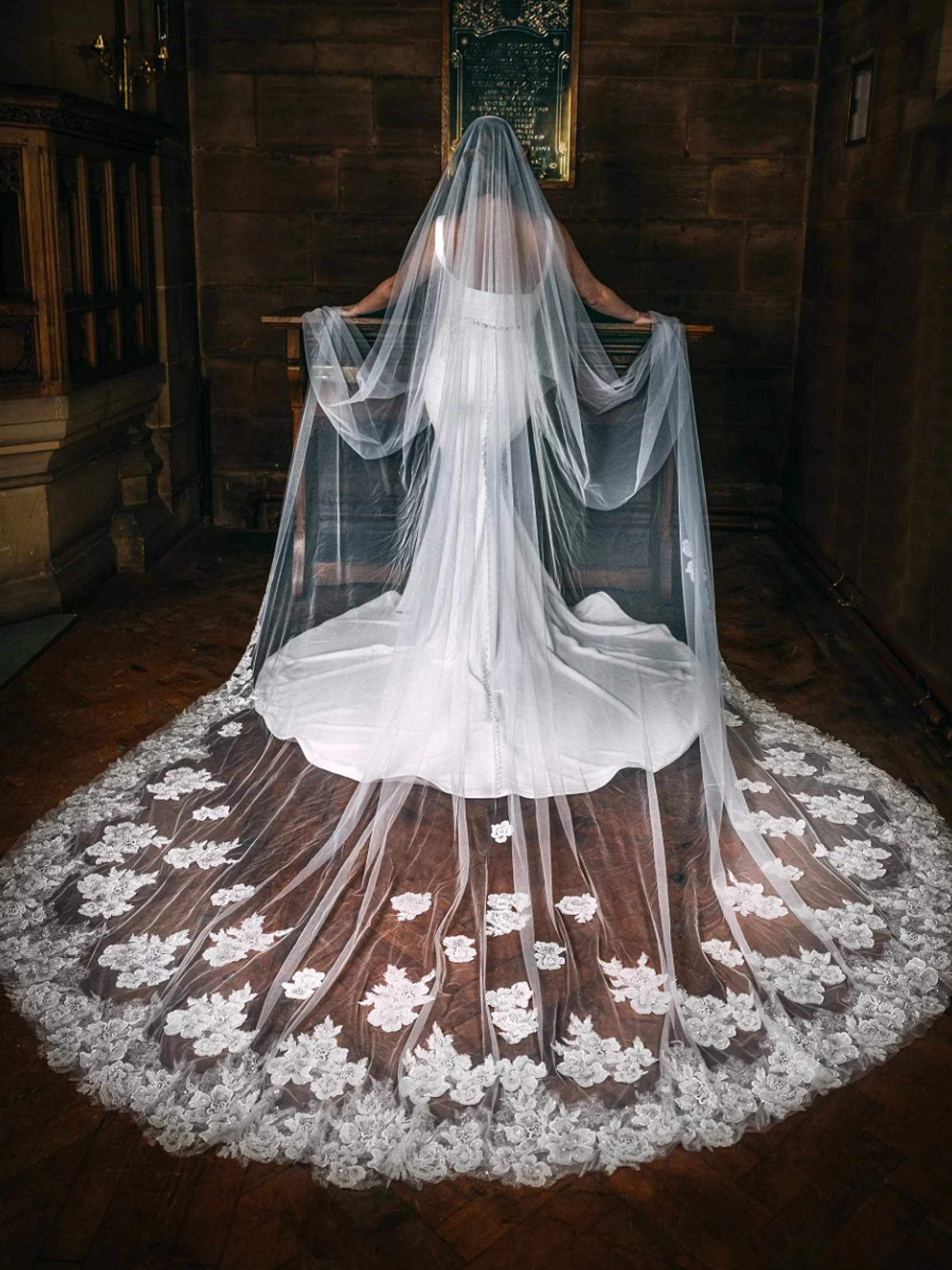Luxury Wedding Veils Appliques Lace One Layer Cathedral Length Bride Veil Customized Applique Edge With Comb Bridal Accessories
