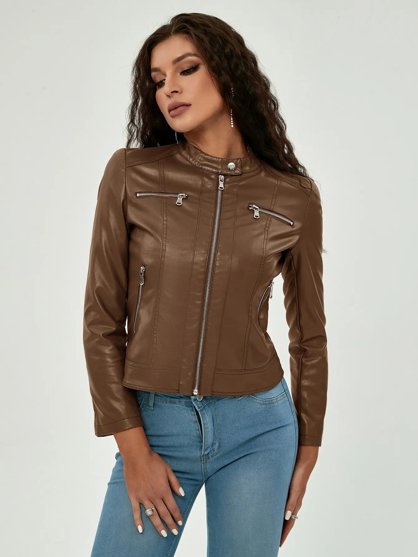 Womens Fashion Trend Simple Autumn Winter Analog Collar Zipper PU Leather Motorcycle Jacket 241106