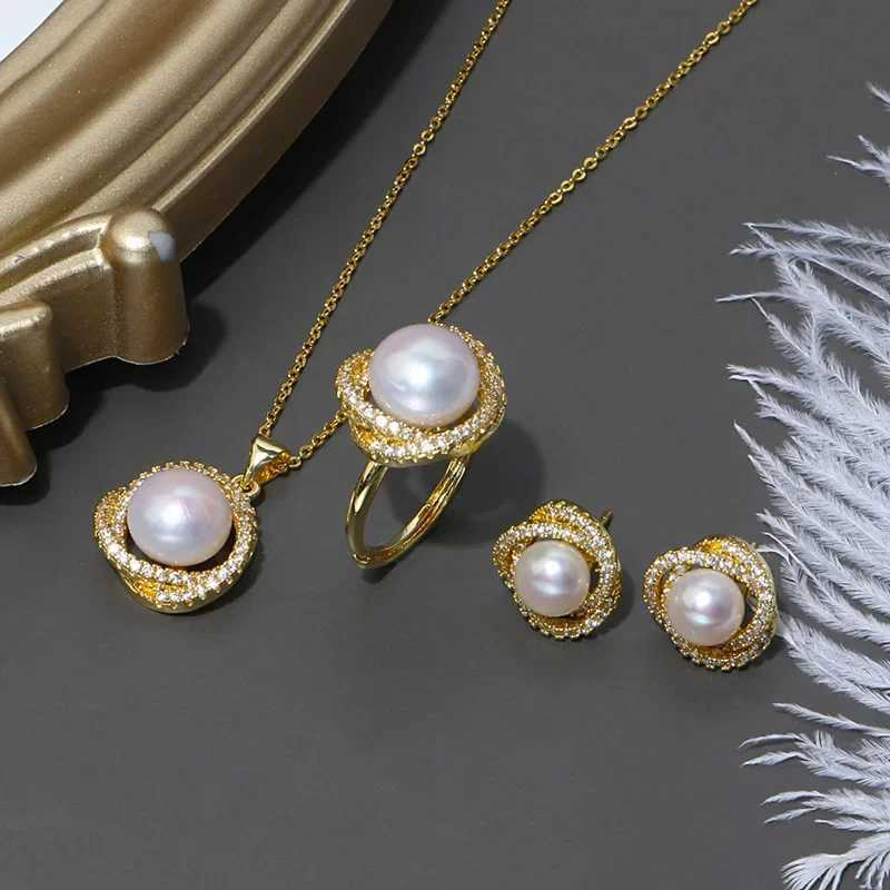 Newly inlaid zircon pearl necklace ring and earring set suitable for daily accessories party jewelry birthday gifts and more X241106