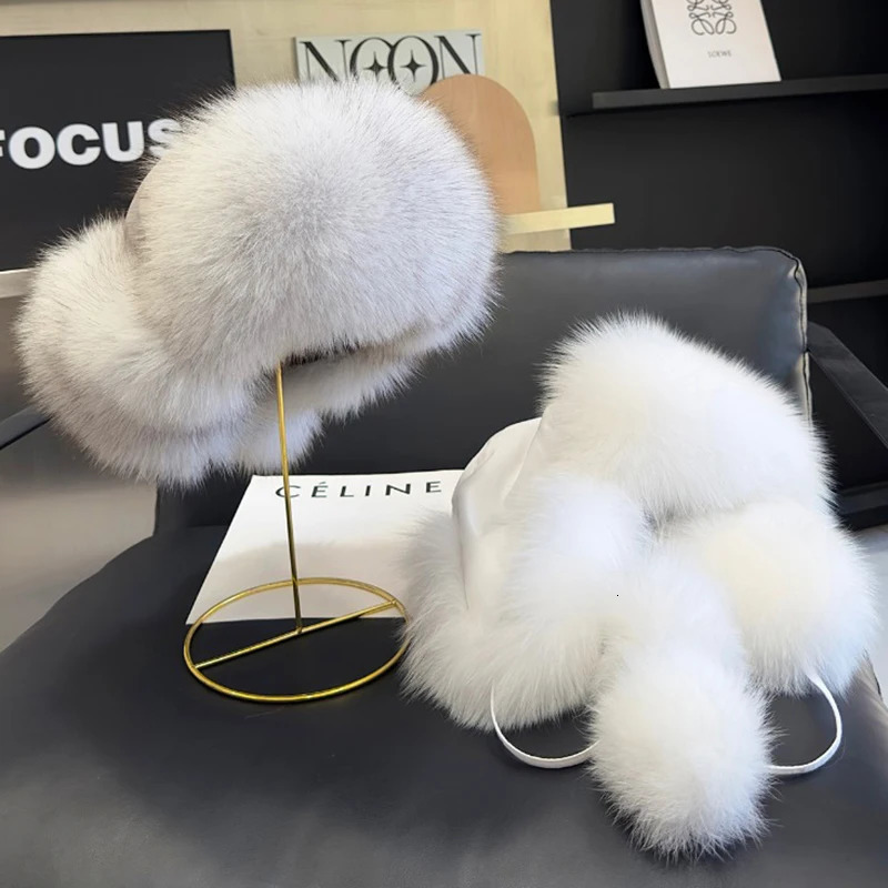 100% real fox fur hat for women Russian Usanka pilot hunter snow skiing hat earmuffs winter raccoon fur bomber hat 241106