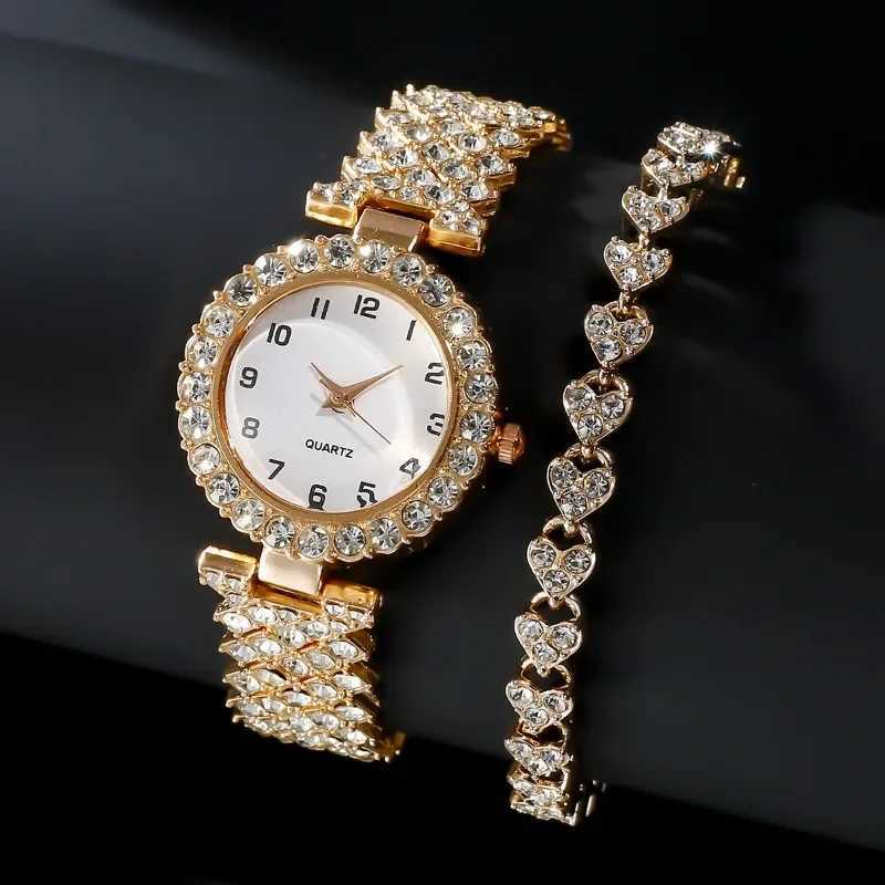2 pieces/set Rheinstone Winch watches Arabic dial steel strap quartz watch Rheinstone jewelry set frameless Winch watches luxury X241106