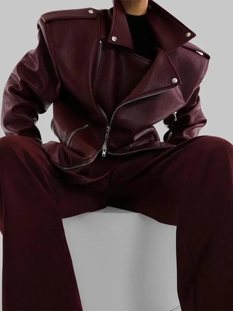 Womens Fashion Double Zipper Long Sleeved Coat Vintage Burgundy Pocket Pu Leather Jacket Autumn Female Street Outerwear 241106