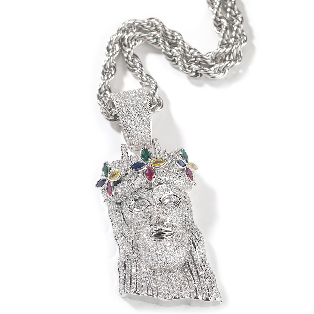 Hip Hop Colorful Cross Flower Jesus Pendant Necklace 5A Zircon Religious Jewelry