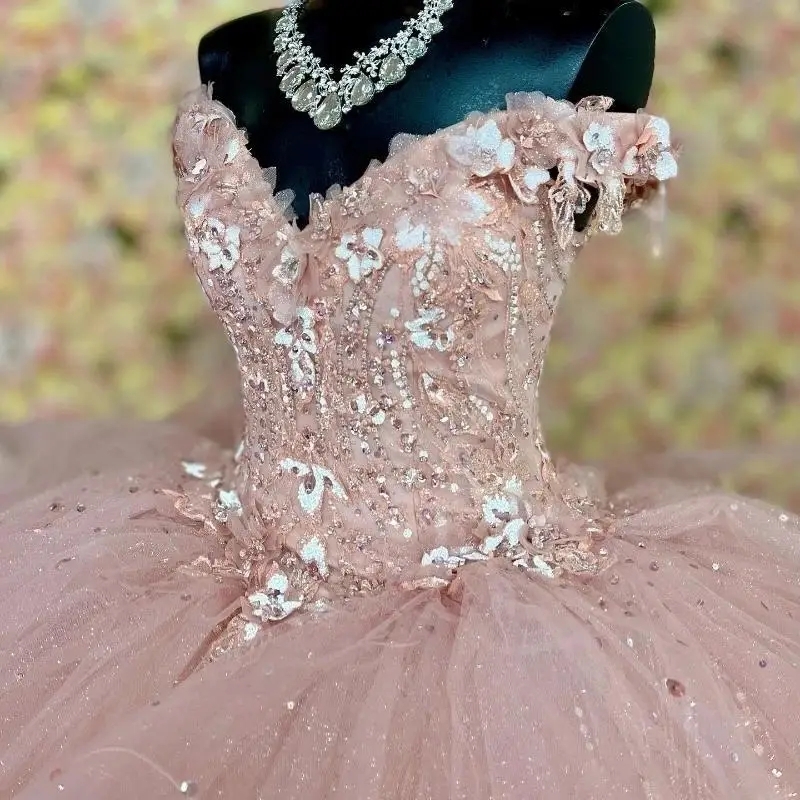 Pink Shiny Quinceanera Dresses Princess Corset Sequin Appliques Lace Beads Tull Tiered Off the Shoulder Vestidos De 15 Anos Sweet 16 Dress