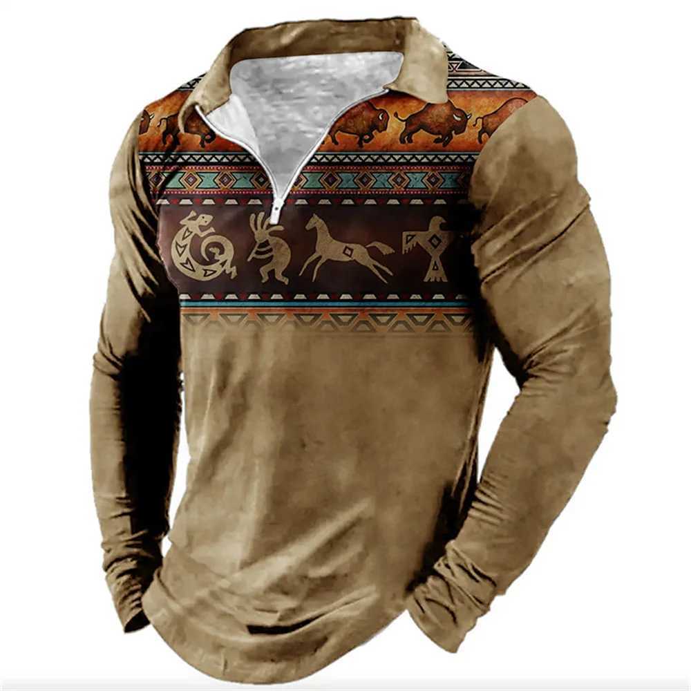Retro mens 3D printed color long Sved zipper shirt autumn outdoor fashion clothing oversized breathable T-shirt W241106
