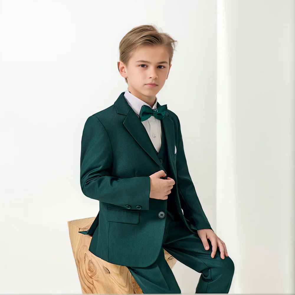 Boys Green High-end Suit Set Child Performance Wedding Birthday Pography Costume Kids Blazer Vest Pants Bowtie Outfit 241106