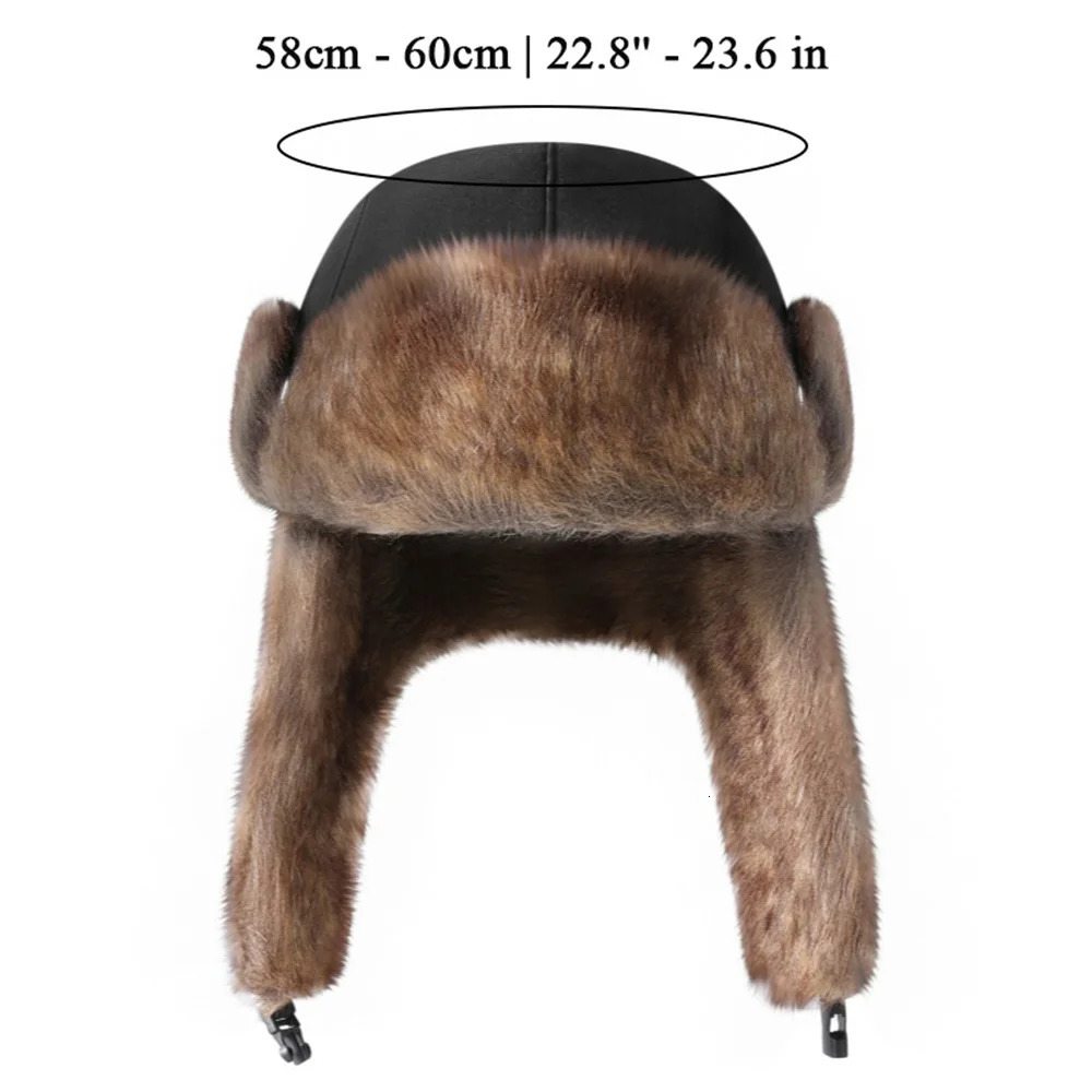 Mens Winter Trap Bomber Hat Thick Artificial Fur Ear Hood Russian Suede Ski Hat Outdoor Warm Plush Ear Hood 241106