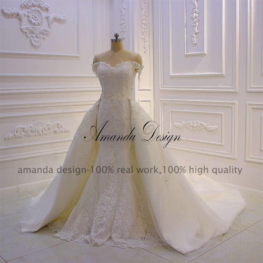Amanda Design robe de soiree courte Off Shoulder Lace Appliques Wedding Dress with Removable Skirt