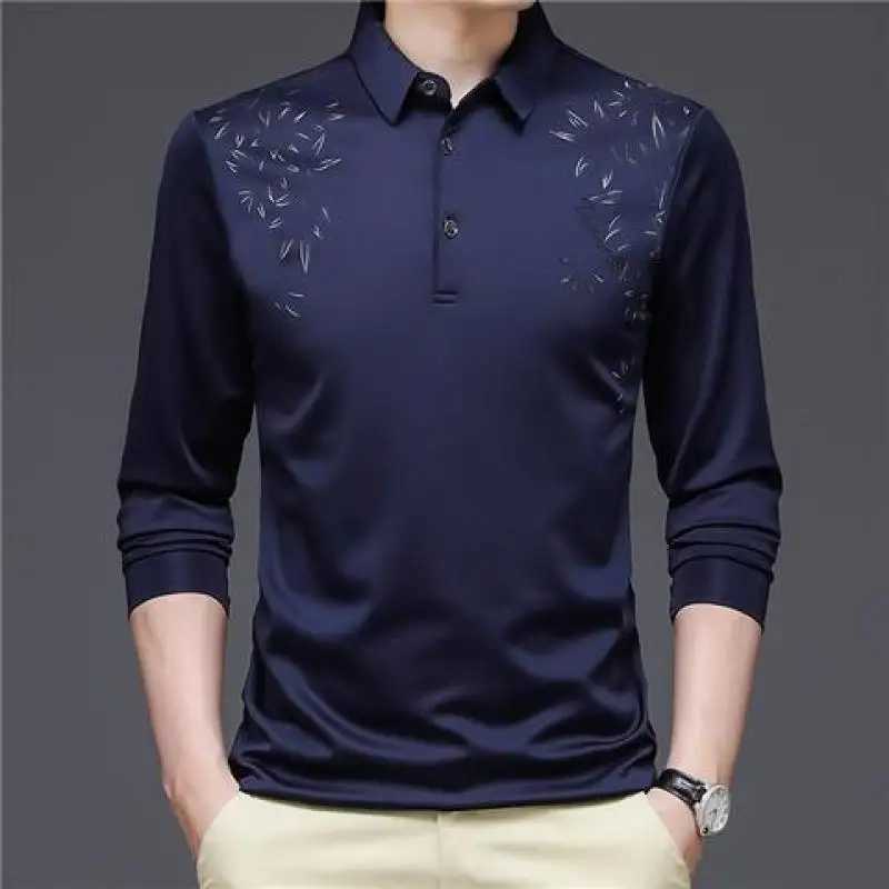 Long Sve Mens Polo T-shirt Spring and Summer Striped Flat V-neck Ts Clothing Button Loose Printed Top W241106