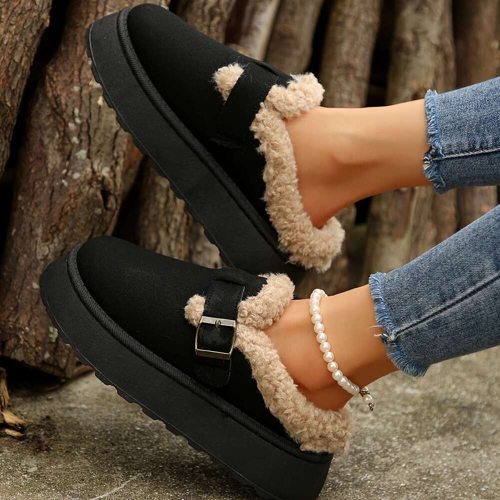 Cozy Plush ed Ankle Boots Soft Solid Color Design, Comfortable Buckle Strap, Warm Winter Shoes Women - Perfect for Cold Weather, Casual Daily Wear