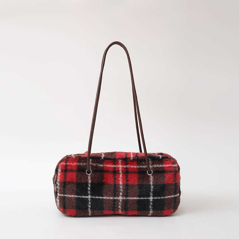 fur bag women with fragrant style, woolen plaid shoulder bag, Korean version, fashionable underarm bag, high-end plush bag 241115