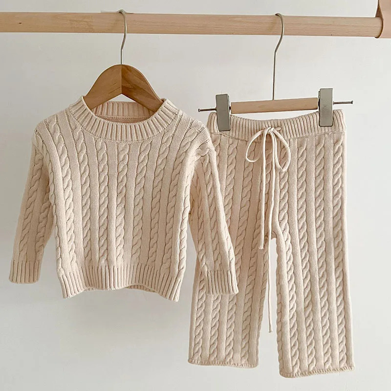 Autumn Winter born Baby Girls Clothing Suit Long Sleeved Solid Color Knitted Pullover TopPants Children Knitted Clothing Set 241106
