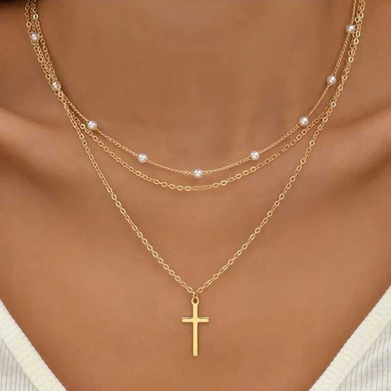 LATS Mtilayer Pearl Cross Pendant Necklace for Warm Gold Fashion Necklace 2024 Trend Jewelry X241106
