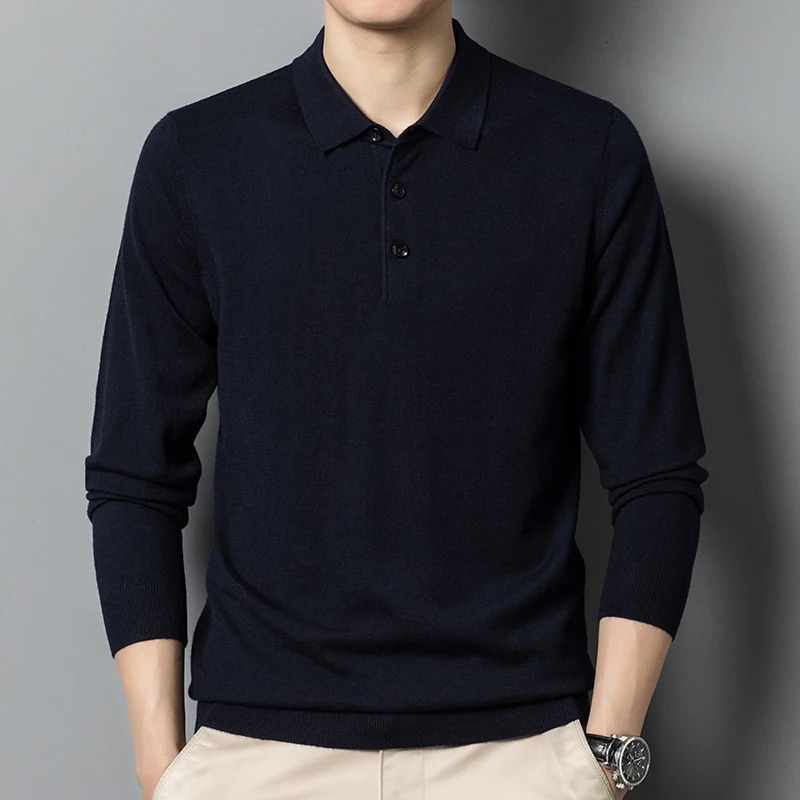 Mens Autumn Long-Sleeved Wool Blend Solid Color Polo Pullover Sweater with Lapel Casual Bottoming Sweater -Sizes M-4XL 241106